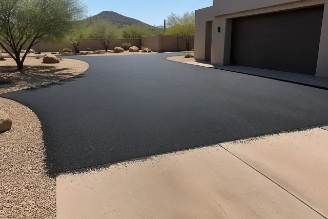 Newly paved asphalt driveway at a residential home in Scottsdale, AZ.