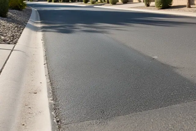A freshly patched asphalt pothole on a quiet residential street in Scottsdale, AZ.