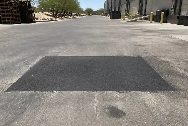 Fresh asphalt pothole repair in a loading drive in Scottsdale, AZ.