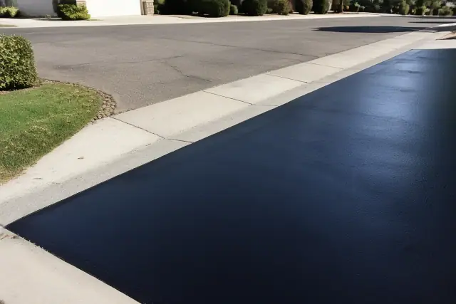 Freshly sealcoated black asphalt driveway meeting a concrete curb and sidewalk in Chandler, AZ.