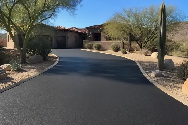 Newly paved asphalt driveway at a desert home in Scottsdale, AZ.