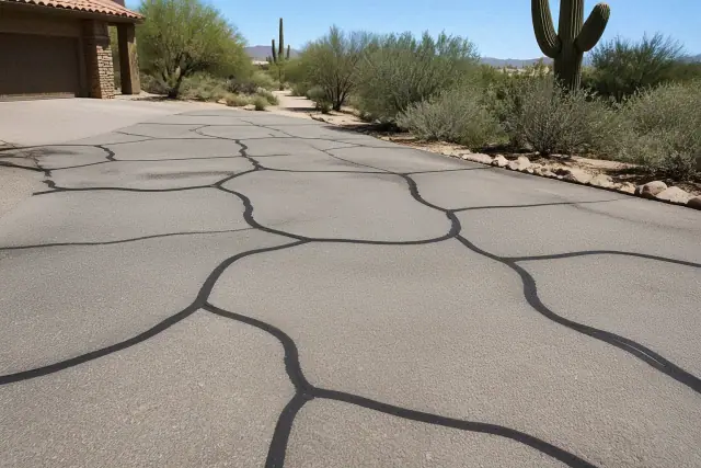 Freshly sealed cracks on an asphalt driveway at a desert home in Scottsdale, AZ.
