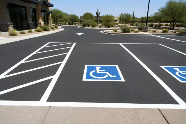 Newly painted white parking lines and blue ADA handicap symbols on a driveway in Scottsdale, AZ.