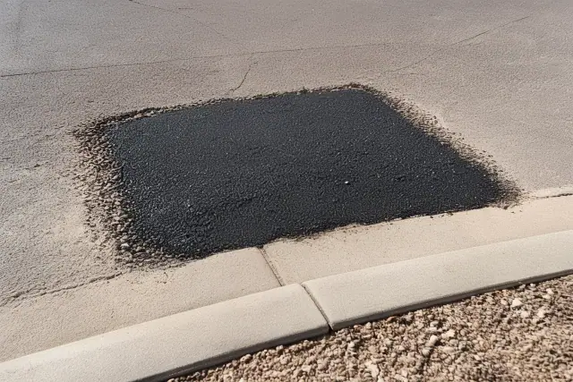A fresh asphalt patch repair on a neighborhood street edge in Scottsdale, AZ.