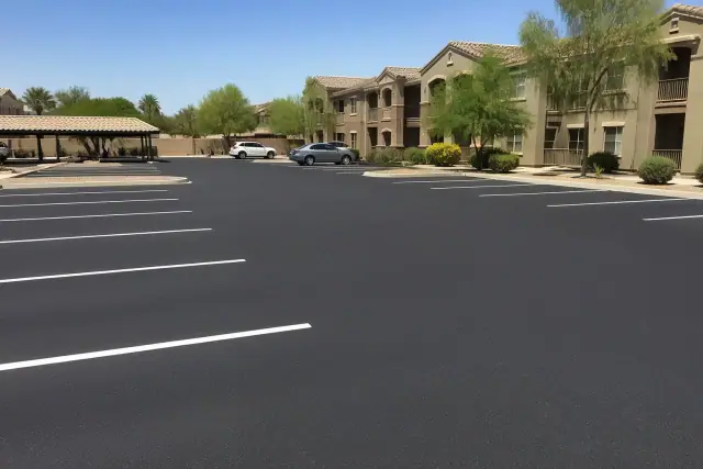 Newly paved asphalt parking lot with fresh white lines at an apartment complex in Chandler, AZ.