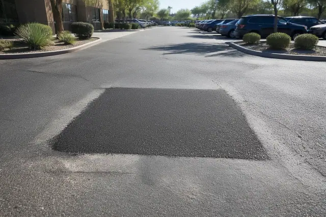 Freshly patched asphalt pothole in an office park parking lot in Scottsdale, AZ.