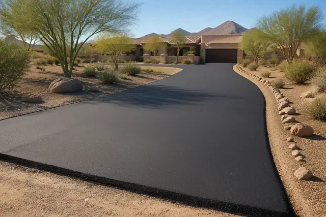 Freshly paved asphalt driveway in a sunny Scottsdale, AZ neighborhood with desert landscaping.