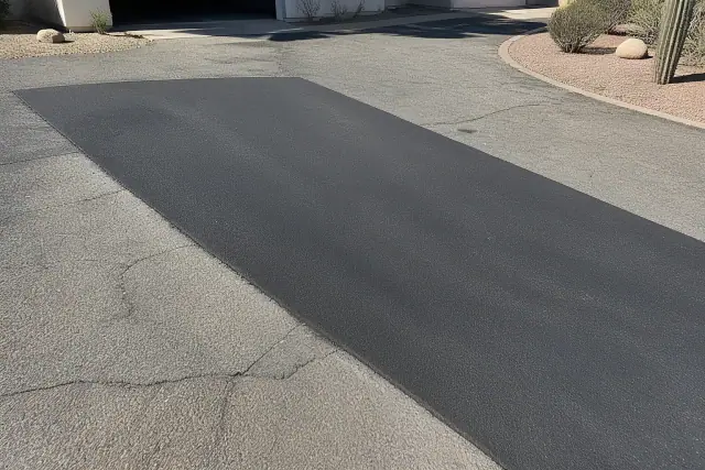 Freshly paved asphalt driveway repair showing a smooth new surface next to older pavement in Scottsdale, AZ.