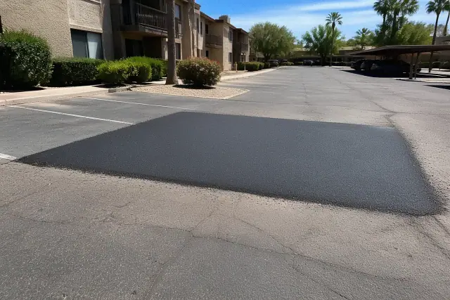 Freshly patched dark asphalt repair in an apartment complex parking lot in Scottsdale, AZ.