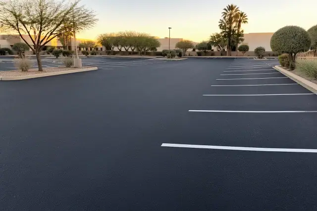Freshly paved asphalt parking lot with crisp white lines and desert landscaping in Scottsdale, AZ.