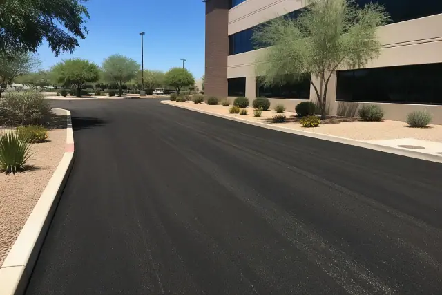 Newly paved asphalt drive aisle at an office complex in Peoria, AZ.