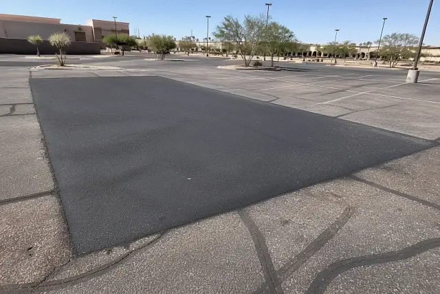 A freshly paved asphalt patch in a commercial parking lot in Scottsdale, AZ.