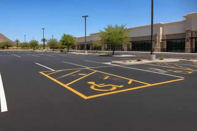 Freshly paved retail parking lot with yellow ADA spaces and white lane lines in Scottsdale, AZ.