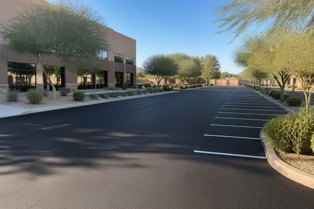 Freshly paved asphalt drive aisle with new parking lines at an office complex in Tempe, AZ.