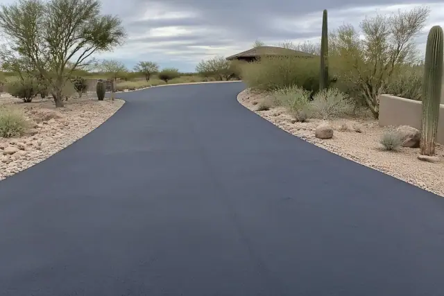 Freshly paved asphalt driveway at a desert property in Queen Creek, AZ, surrounded by native landscaping.