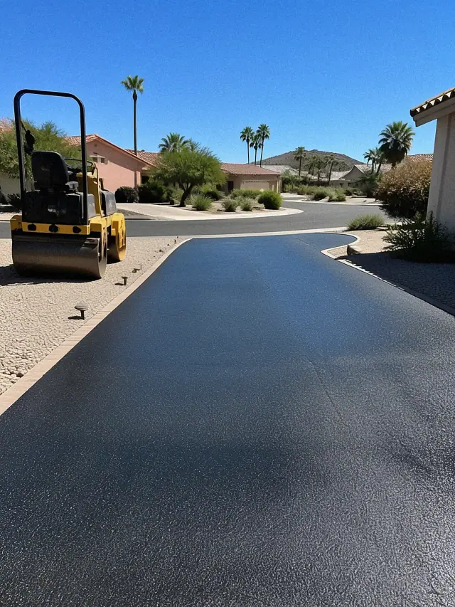 Freshly paved asphalt driveway with a compactor in a sunny Scottsdale, AZ neighborhood.