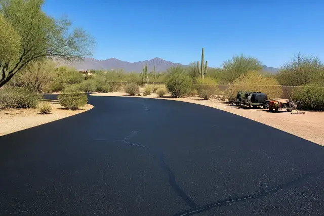 Freshly paved black asphalt driveway with sealcoating equipment at a desert home in Scottsdale, AZ.