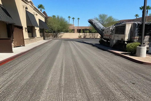 A large milling machine parked on a freshly prepped asphalt lot at a restaurant in Scottsdale, AZ.