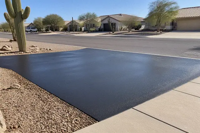Freshly paved asphalt driveway blending into a street in Apache Junction, AZ.