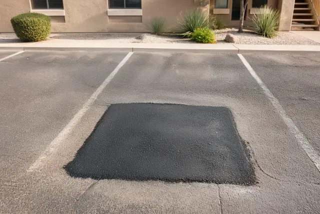 A fresh black asphalt pothole repair in an apartment complex parking lot in Scottsdale, AZ.