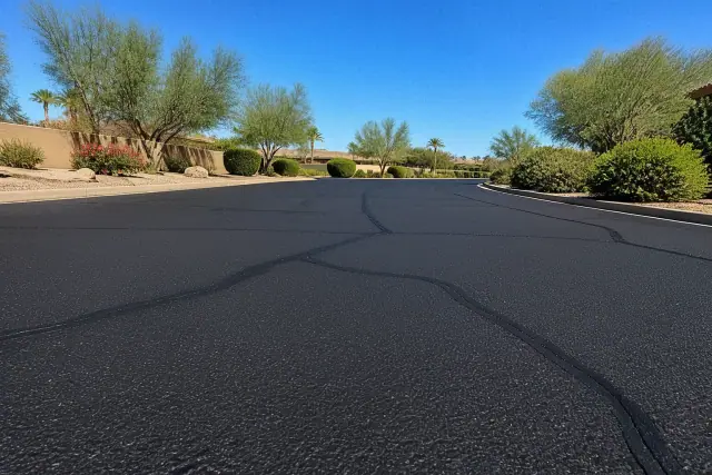 Freshly sealcoated asphalt road with crack sealant in a residential neighborhood in Scottsdale, AZ.
