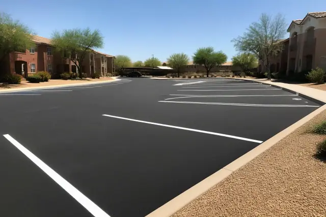 Freshly paved asphalt parking lot with new white parking stripes at an apartment complex in Phoenix, AZ.