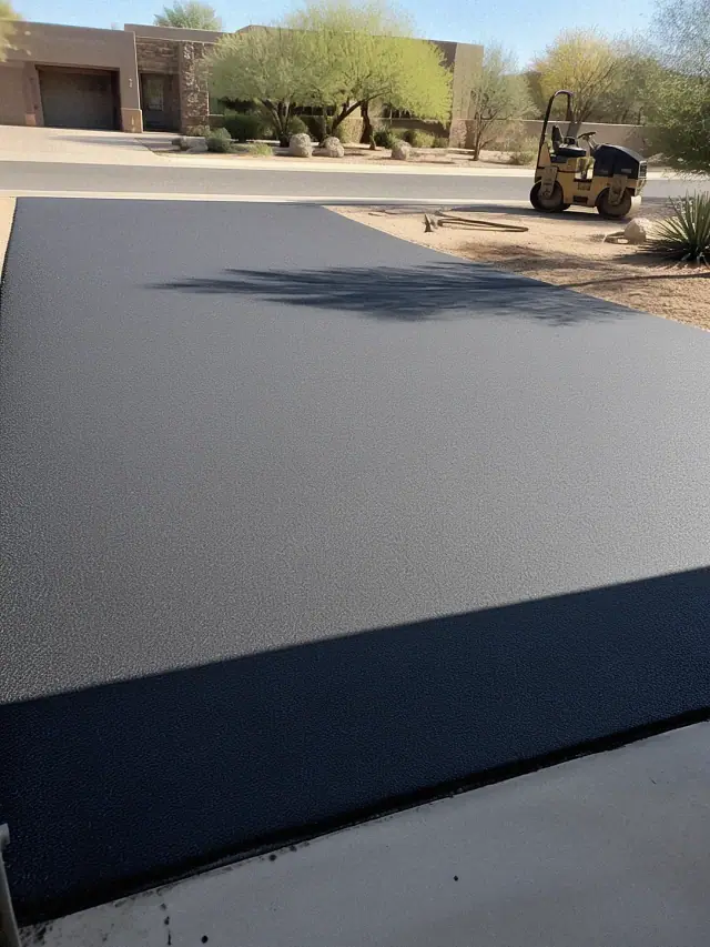 Newly paved black asphalt driveway at a residential home in Scottsdale, AZ.
