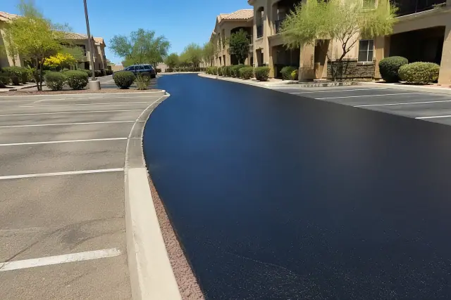 Freshly applied black asphalt sealcoating on an apartment parking lot in Ahwatukee, AZ.