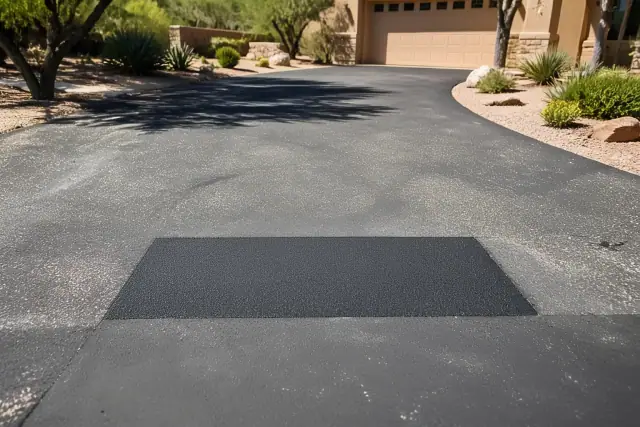 Freshly repaired asphalt patch on a residential driveway in Scottsdale, AZ.