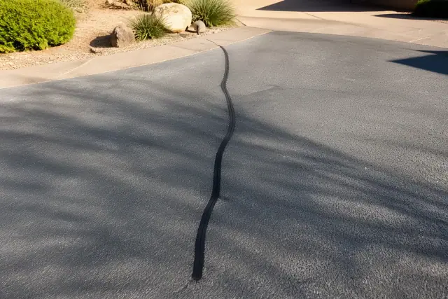 A clean asphalt crack in a residential driveway ready for repair in Scottsdale, AZ.