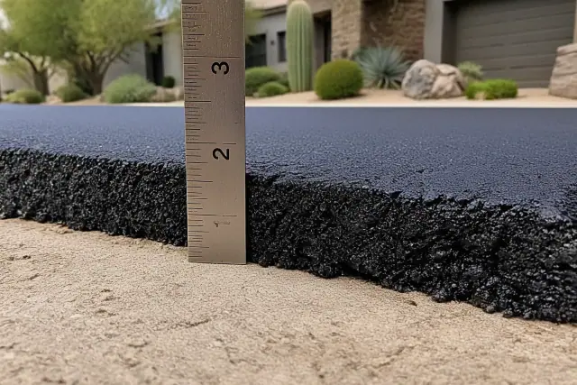 A ruler measuring a two-inch layer of fresh asphalt on a new residential driveway in Scottsdale, AZ.