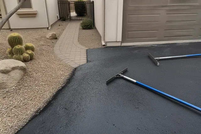 Fresh asphalt paving work in front of a garage with desert landscaping in Scottsdale, AZ.