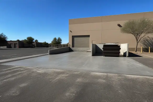 Newly paved concrete loading dock and dumpster pad at a warehouse in Scottsdale, AZ.
