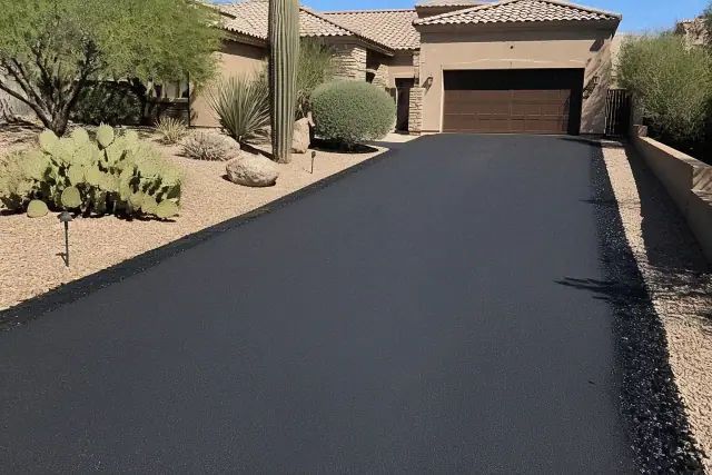 Freshly paved asphalt driveway with desert landscaping at a residential home in Scottsdale, AZ.