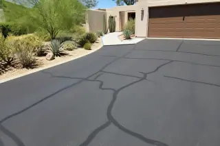 Dark rubberized sealant filling cracks on a residential asphalt driveway in Scottsdale, AZ.