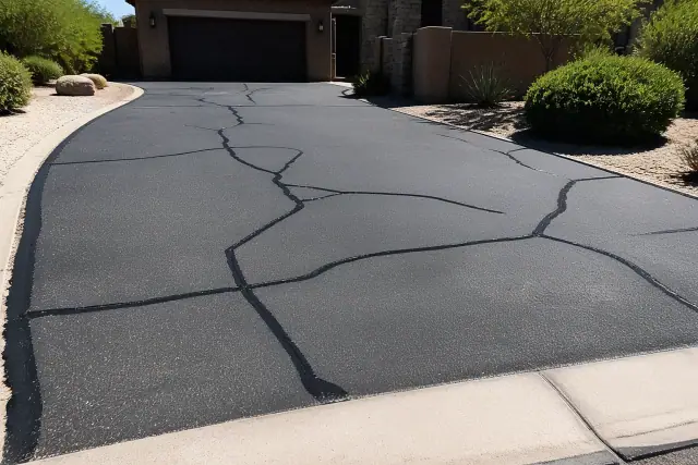 Freshly sealed asphalt driveway cracks on a residential property in Scottsdale, AZ.