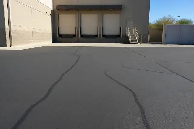 Freshly paved asphalt and crack sealing at a warehouse loading dock in Phoenix, AZ.