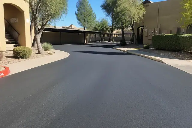 Newly paved black asphalt driveway at an apartment complex in Scottsdale, AZ.