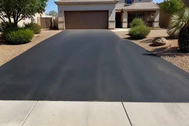 Newly paved asphalt driveway with desert landscaping at a residential home in Chandler, AZ.