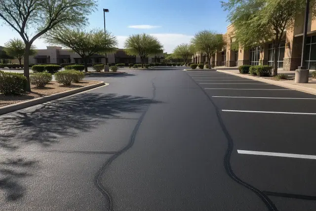 Freshly sealcoated parking lot with smooth black asphalt and filled cracks in Scottsdale, AZ.
