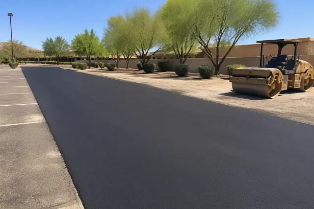 Freshly paved black asphalt section with a road roller in a retail parking lot in Ahwatukee, AZ.