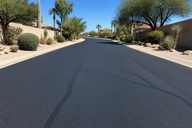 Newly paved asphalt road with crack repairs in a residential neighborhood in Scottsdale, AZ.