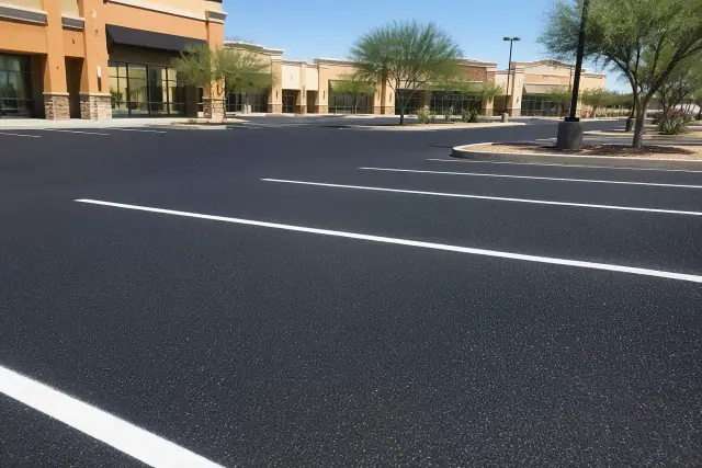 Freshly sealcoated asphalt parking lot with bright white painted lines at a retail center in Phoenix, AZ.