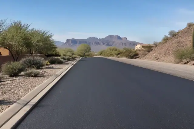 Freshly paved asphalt road with desert mountain views in Apache Junction, AZ.