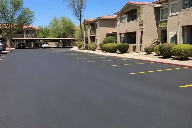 Freshly paved asphalt parking lot with bright yellow lines at an apartment complex in Scottsdale, AZ.