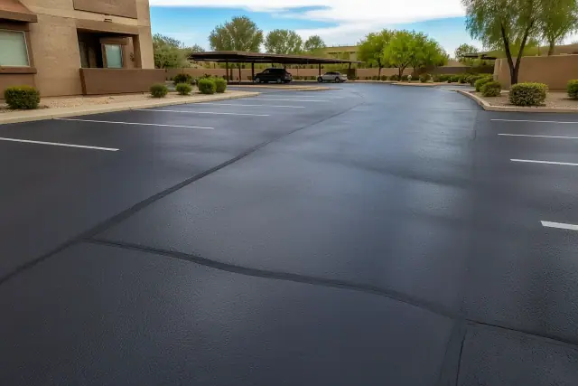 Freshly sealcoated asphalt parking lot with repaired cracks in Scottsdale, AZ.
