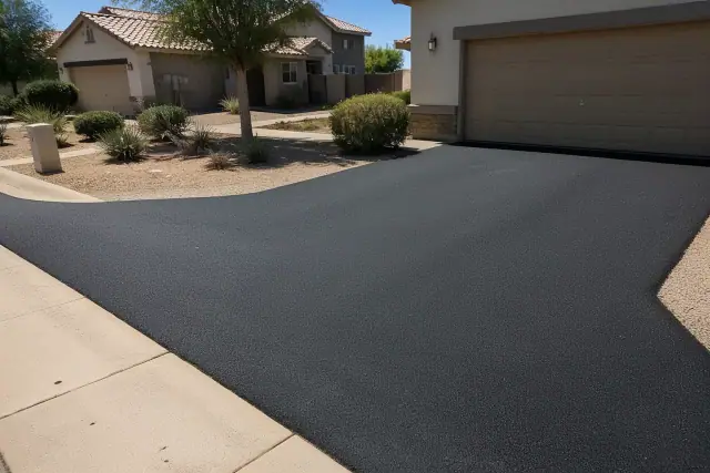 Freshly paved asphalt loading drive at a warehouse in Queen Creek, AZ with an adjacent concrete dock.