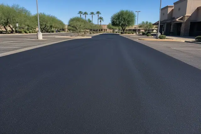 Newly resurfaced asphalt parking lot at a retail center in Scottsdale, AZ.