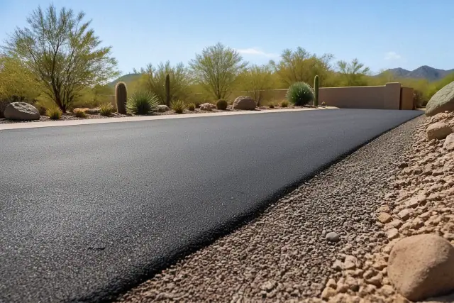 Freshly paved asphalt driveway with a gravel border in a residential neighborhood of Scottsdale, AZ.