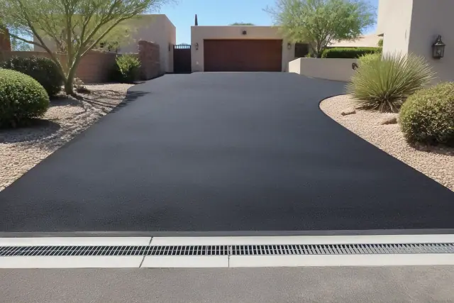 Newly paved asphalt driveway with a metal drain grate at a residential home in Scottsdale, AZ.